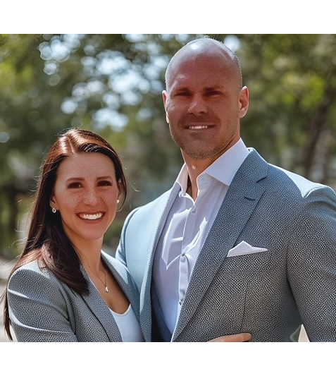 Man and woman standing together outdoors with trees in the background a nurse couple business attire owners of a peptide capsule business