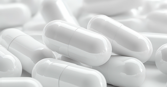 A close up image with white peptide capsules emphasizing the quality of USA made peptide capsules BPC-157, GHRP-2, CJC-1295, Alpha-GPC, Nootropic, Brain Boost