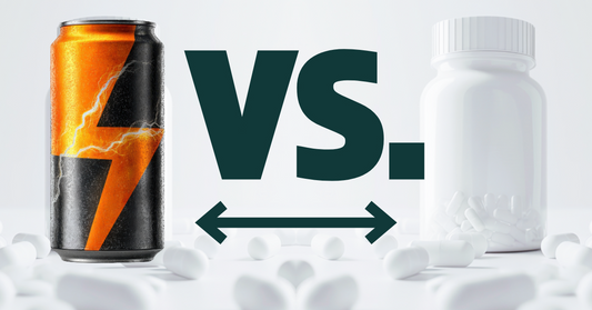 An image of a preworkout energy drink vs a bottle of peptide capsules emphasizing how peptides like BPC-157, GHRP-2, CJC-1295, and Nootropics are better for workout energy compared to pre-workout drinks