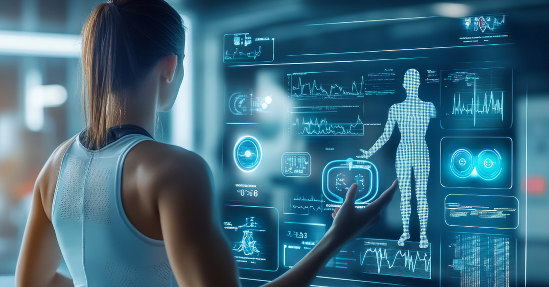 A photo of a fit woman looking at a high tech screen with body metrics emphasizing the relationship between peptides and biohacking