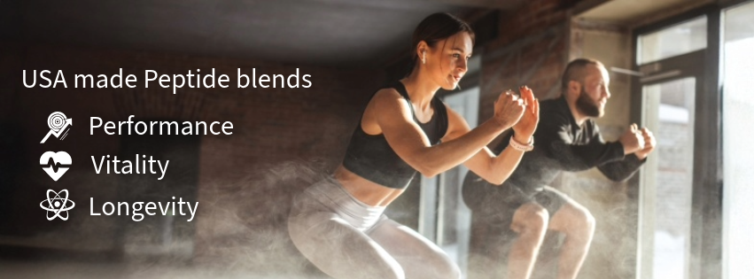 Two fitness people exercising in a gym with text overlay about USA made peptide blends for performance, vitality, and longevity.
