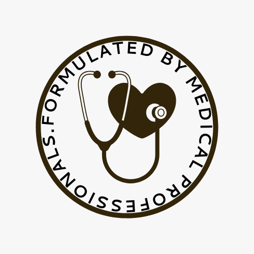 Black and white round logo with text emphasizing peptide capsules formulated by medical professionals