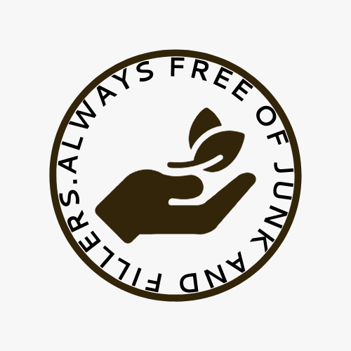 A black and white logo with a hand holding leaves and text emphasizing peptide supplement capsules that are free of junk, fillers, and uneccesary ingredients