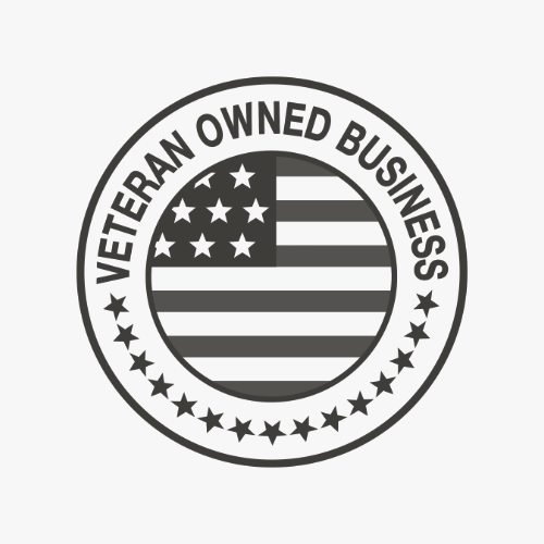 Black and white logo with an American flag and text emphasizing a veteran owned business veteran owned supplement company